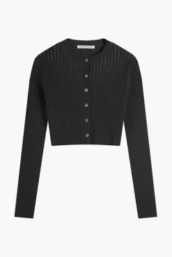 Best Sale ALEXANDERWANG.T CROPPED RIBBED CREW NECK CARDIGAN W/ EMBOSSED LOGO Charcoal