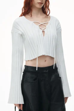 Flash Sale ALEXANDERWANG.T DROP SHOULDER CROPPED LS PULLOVER W/ LACING DETAIL White