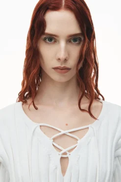 Flash Sale ALEXANDERWANG.T DROP SHOULDER CROPPED LS PULLOVER W/ LACING DETAIL White