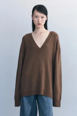 Fashion COURTNEY ZHENG ELVA V-NECK CASHMERE WOOL SWEATER Khaki