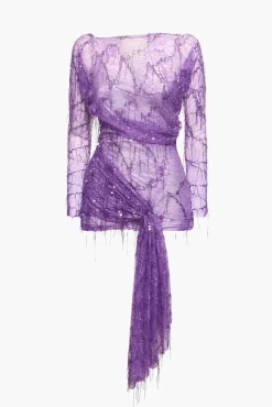 Shop CHRISTOPHER ESBER ENCASED BEADED IVY LACE L/S MINI DRESS Grape