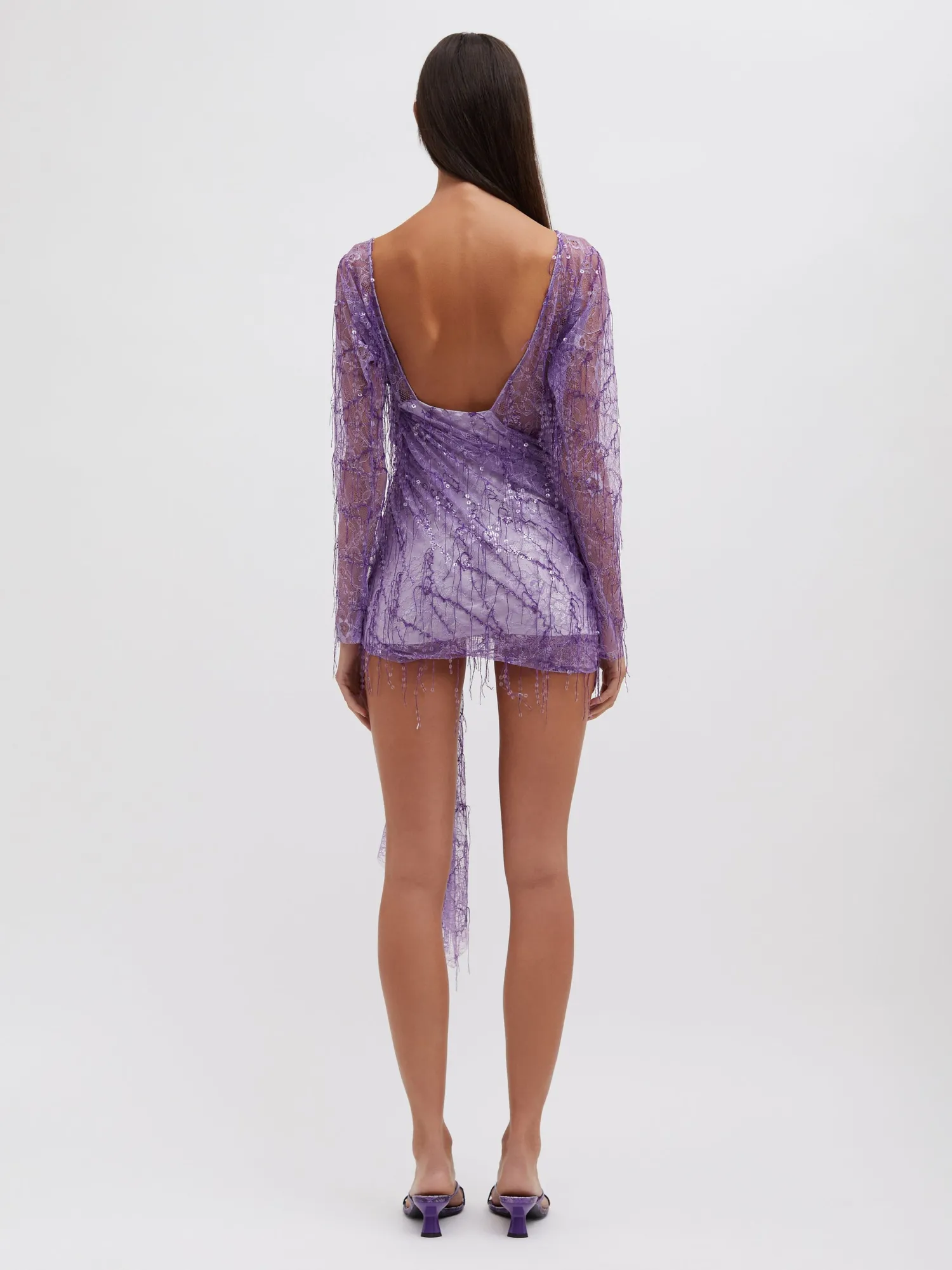 Shop CHRISTOPHER ESBER ENCASED BEADED IVY LACE L/S MINI DRESS Grape