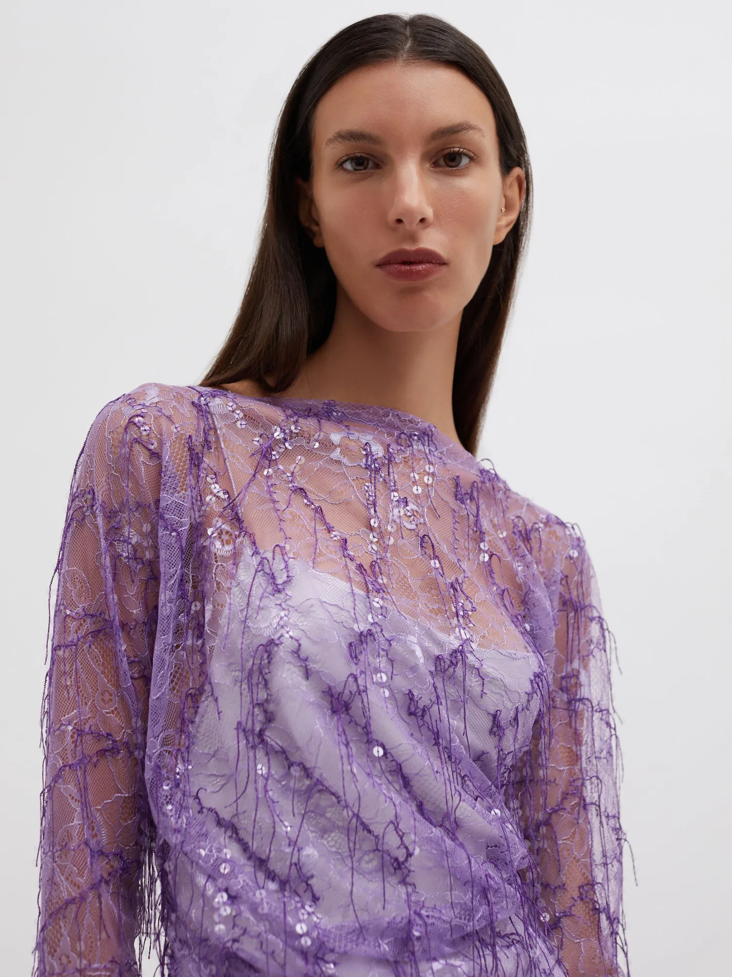 Shop CHRISTOPHER ESBER ENCASED BEADED IVY LACE L/S MINI DRESS Grape