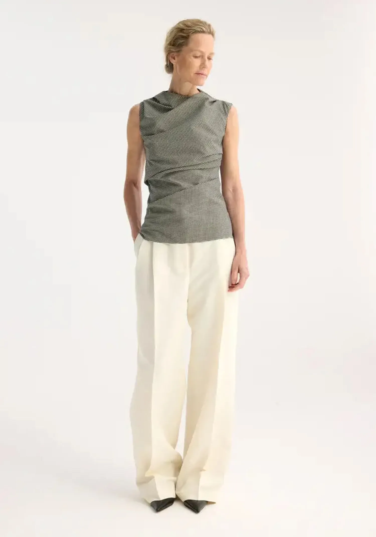 Shop RÓHE MINI CHECK TOP WITH COWL NECK