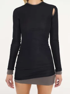 New CHRISTOPHER ESBER SHEER OVERLAY PEEPHOLE RIB DRESS