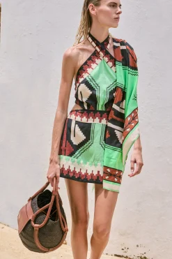 Discount JOHANNA ORTIZ TIDE STRENGTH MINI DRESS Green/Black/Paprika/Ecru
